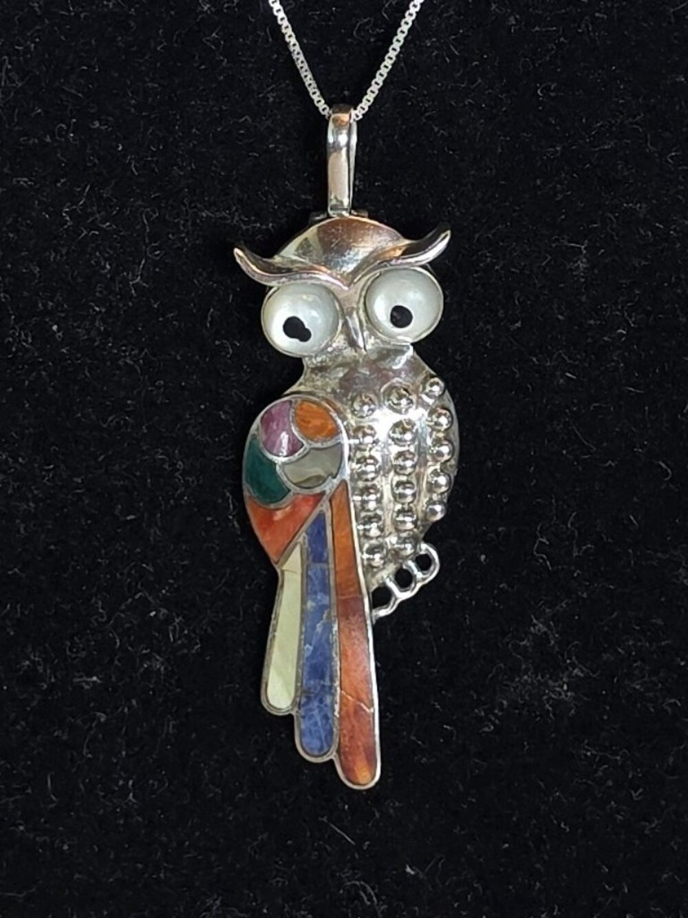 Bold Vintage Zuni Owl Inlay 950 Sterling Silver Statement Pendant Necklace